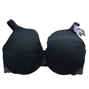 Cacique Lane Bryant Black Purple Cotton Lace Trim Full Coverage Bra 42DDD New